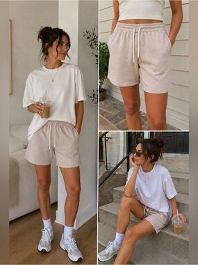Self Contrast Beige Cotton Sweat Shorts Drawstring Lounge Casual USA Made Size M